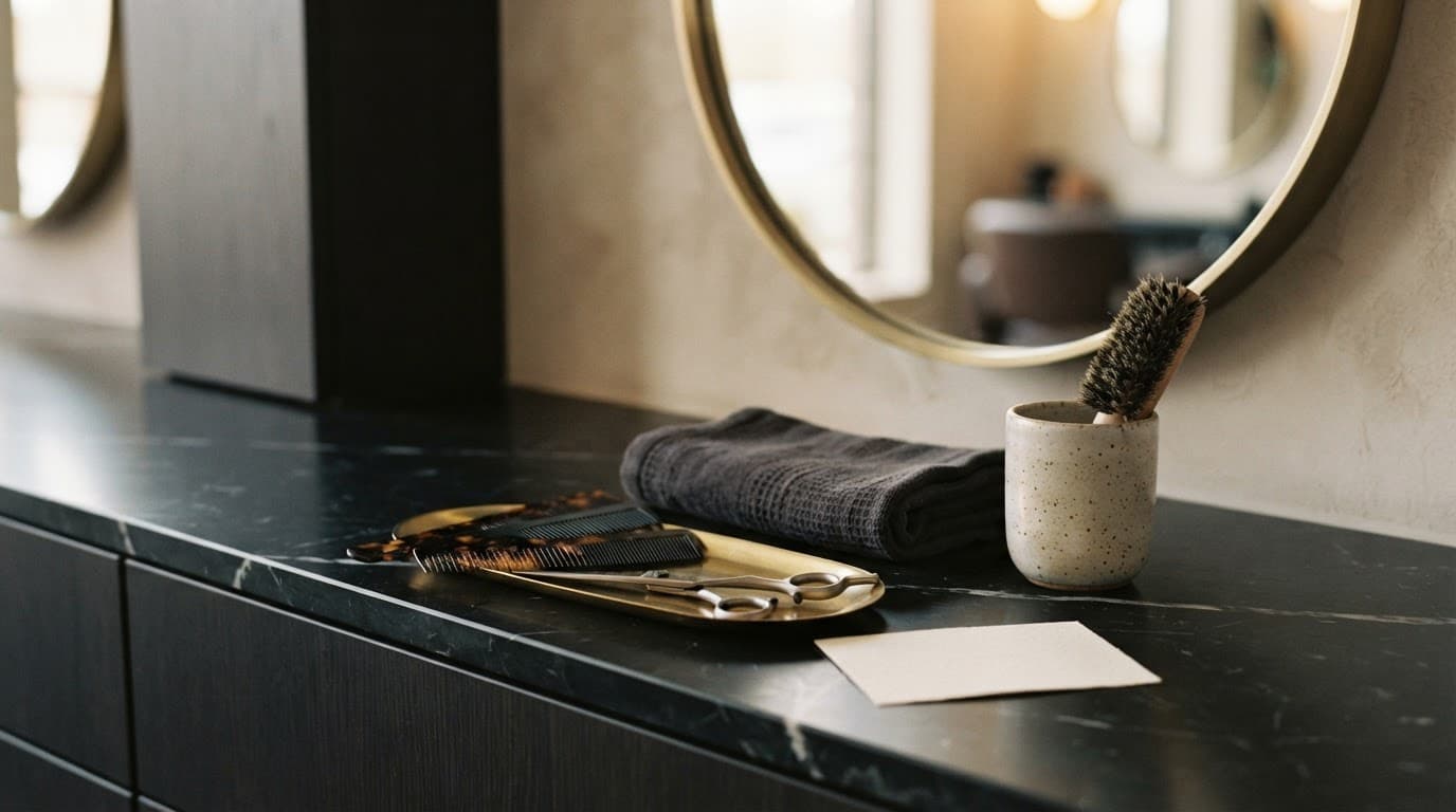 Salon counter with combs, shears, towel, cup, and appointment card near a blurred mirror.