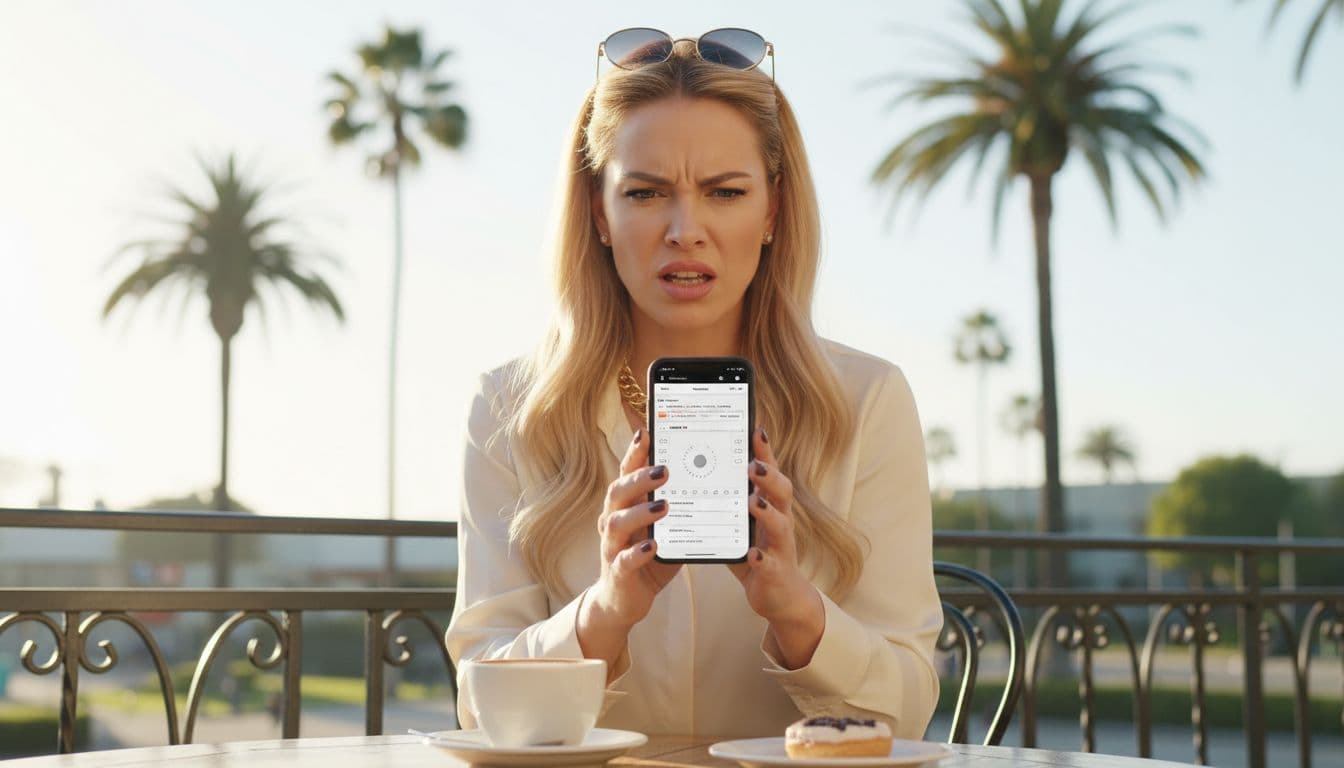 Frustrated stylish millennial woman sitting at an outdoor California cafe, annoyed by a poorly optimized mobile hair salon website on her smartphone featuring tiny unreadable text and slow loading.