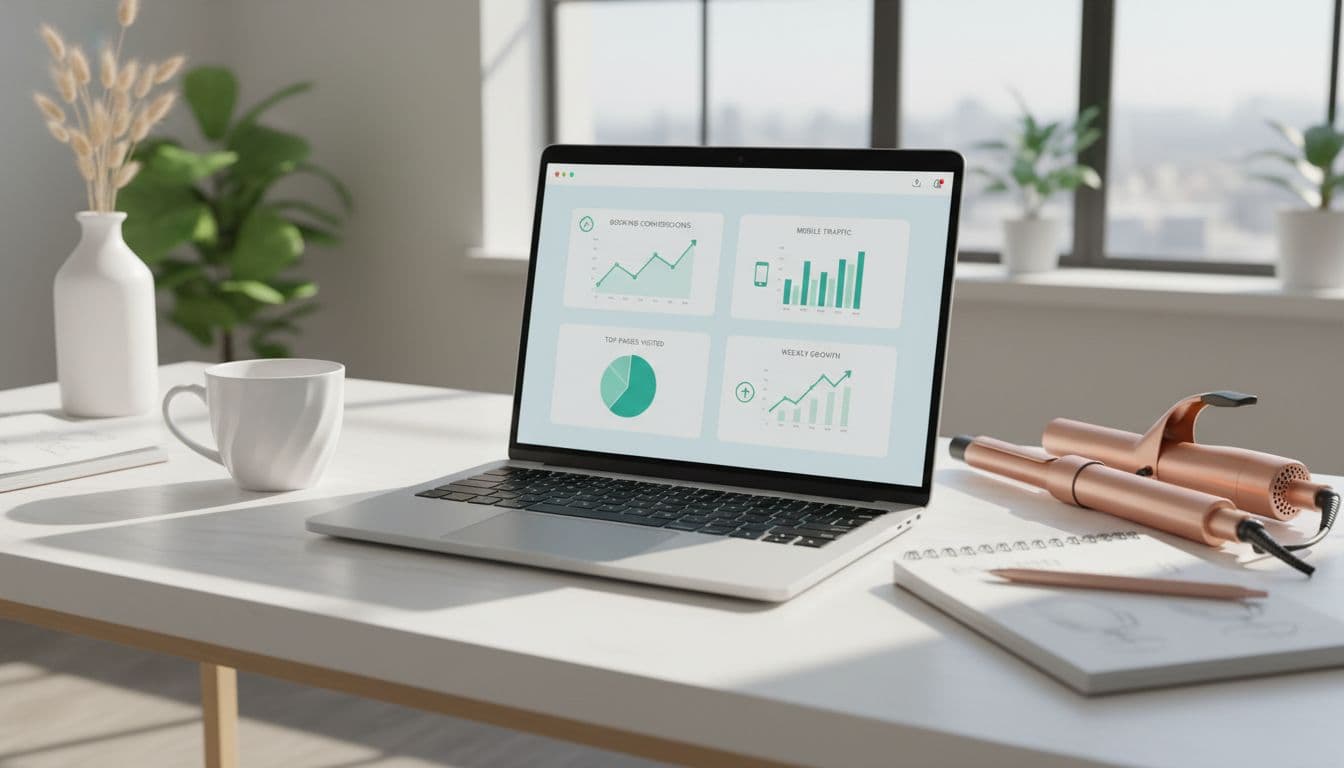 Sleek modern laptop displaying a simple analytics dashboard for a hair salon website with charts showing booking conversions, mobile traffic, top pages, and green upward trends in a clean Google Analytics-style interface. Surrounded by beauty elements like coffee cup, hair tools, and notebook sketches on a minimalist desk in a bright studio.