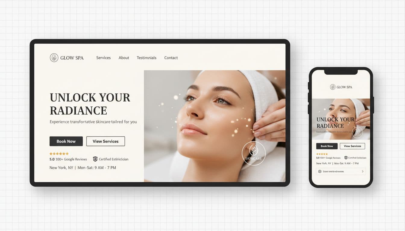 Clean, modern above-the-fold hero section mockup for an esthetician spa with minimalist UI/UX, soft neutrals, high-contrast CTAs, trust signals, and desktop/mobile previews.