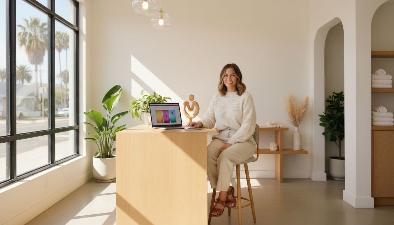 Bright modern hair salon interior with a friendly female hairstylist in casual chic outfit at reception desk, laptop open to blurred website preview, warm sunlight through windows, plants and wooden decor, relaxed pose.