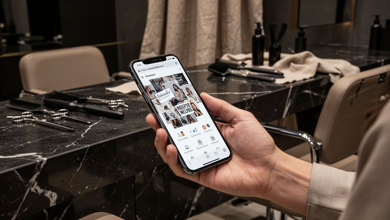 A hand holds a sleek smartphone displaying a broken, non-responsive salon website with overlapping text and tiny buttons, positioned next to a high-end salon styling chair, black marble counter, and neatly arranged hair tools.