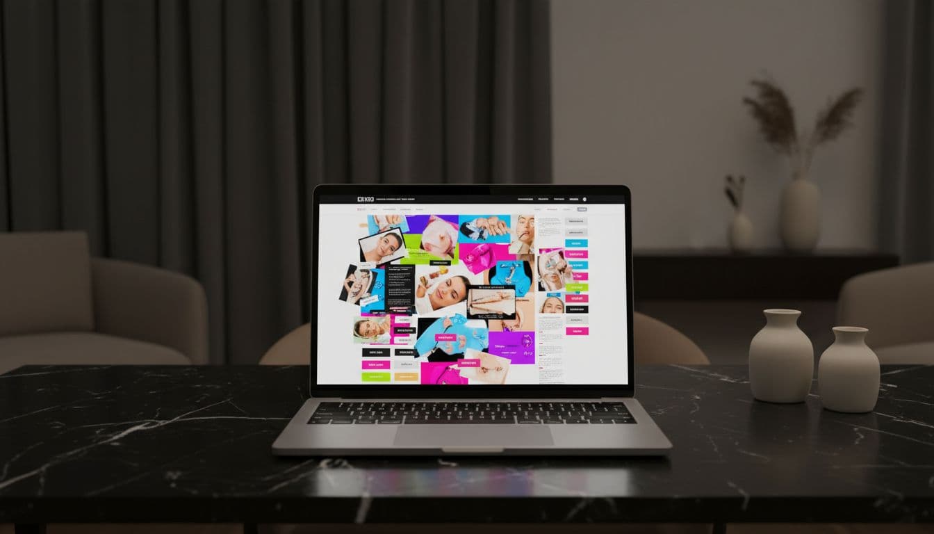 Laptop on sleek desk in spa office displays cluttered homepage with overlapping images, clashing colors, and buttons.