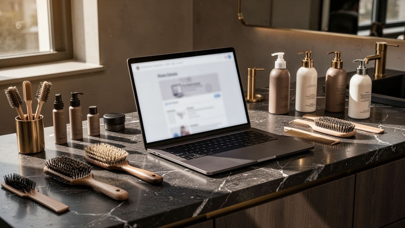 Elegant salon styling station with sleek laptop open to services page on black marble counter, neatly arranged brushes and products, soft natural light, modern minimalist dark luxury style.