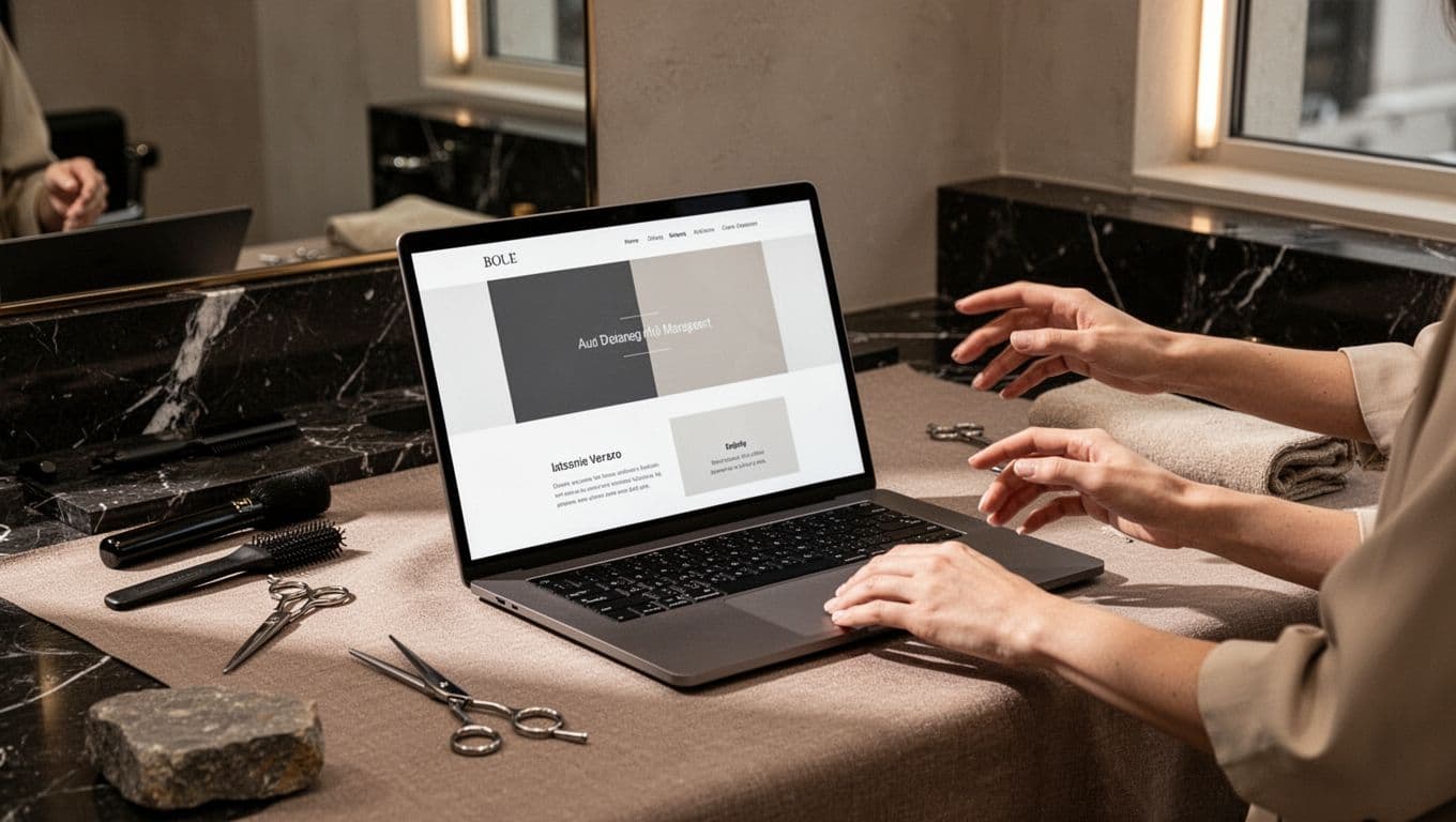 Elegant laptop on taupe linen in minimalist hair salon setting, screen displaying clean one-page website for beauty pro with subtle sections, moody warm lighting, neutral palette, upscale aesthetic, no readable text.