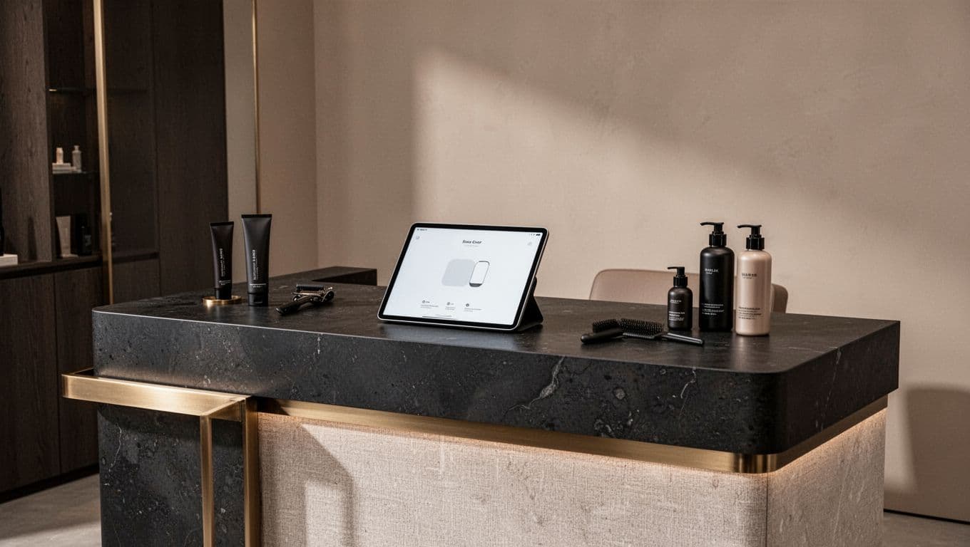 An elegant salon reception desk showcases a large tablet with a clean, modern booking interface amid matte black ceramics, brushed brass accents, linen textures, and minimal hair products. The wide composition features negative space, soft warm lighting, refined shadows, and a neutral palette of black, charcoal, taupe, stone, and cream in a realistic, polished editorial style.