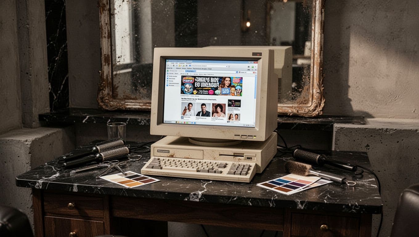 Close-up of an outdated desktop computer screen displaying a pixelated, cluttered early-2000s style salon website on a dark wooden salon styling station with old tools, faded color swatches, and a dusty mirror; modern minimalist dark luxury editorial style with moody lighting and neutral palette.