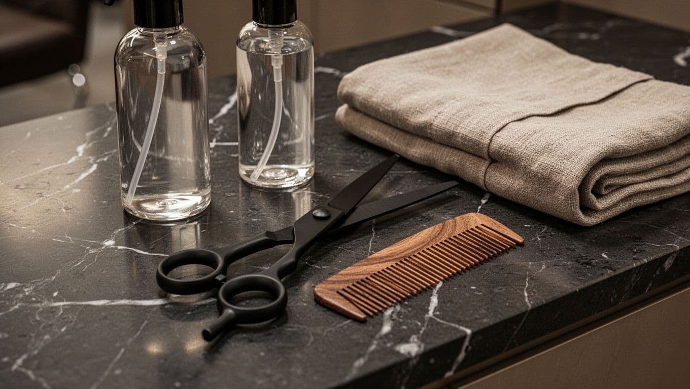 Close-up of upscale salon counter with matte black scissors, wooden comb, glass spray bottle, and linen towel neatly arranged on black marble surface under soft diffused light.