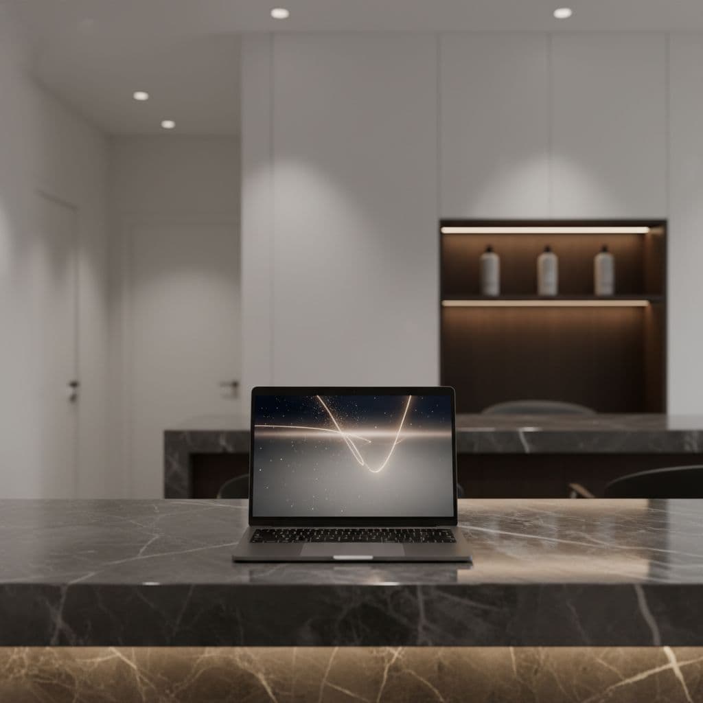 A sleek laptop sits on a polished dark marble surface inside a refined minimalist salon space.