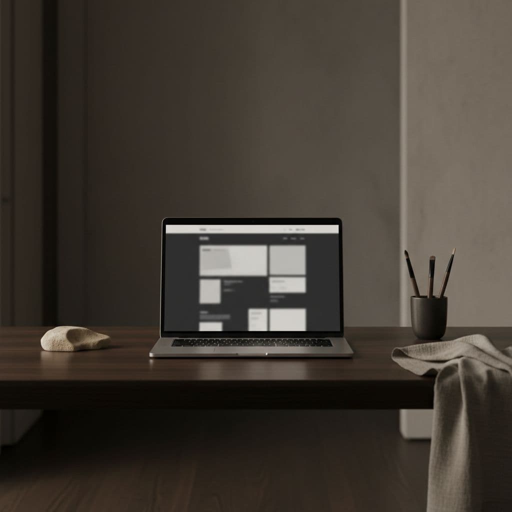 A dark, moody desk features a laptop with a blurred interface, stone decor, and neutral linen textures.