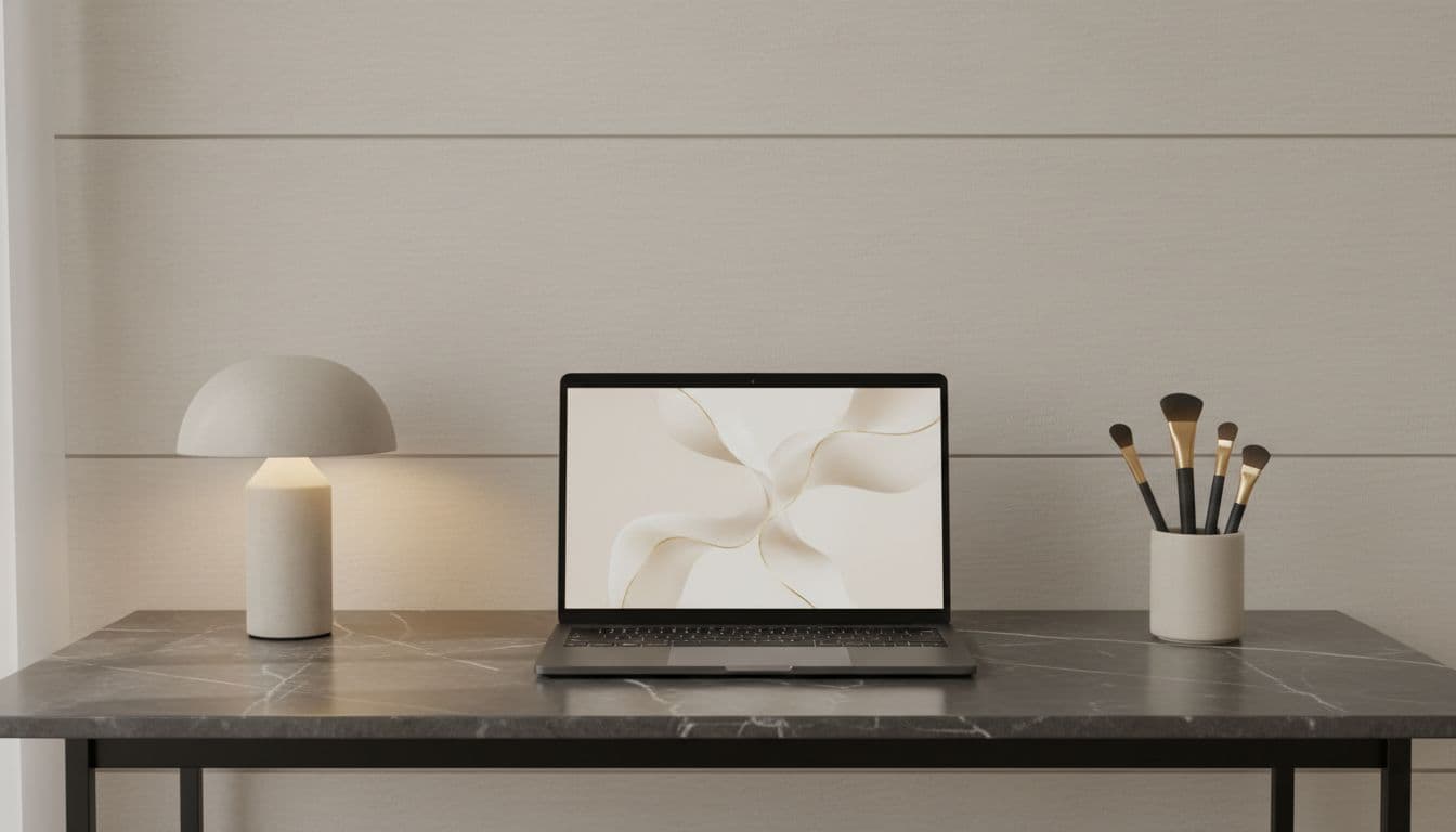 A sleek laptop rests on a dark marble desk in a refined neutral-toned workspace.
