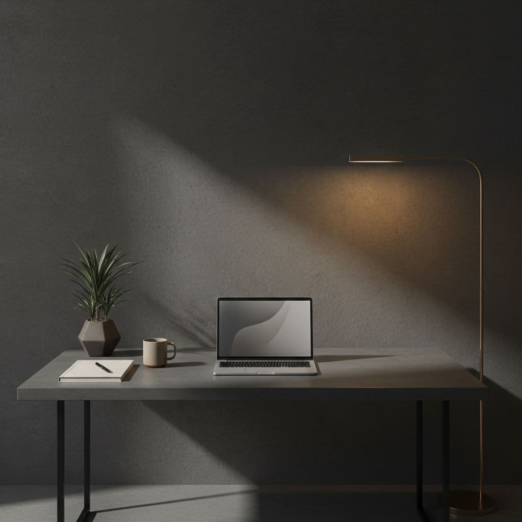 A dark charcoal desk holds a sleek laptop, a leather-bound notebook, and a ceramic coffee mug. Soft ambient lighting casts refined shadows across the muted beige walls of this professional design studio.