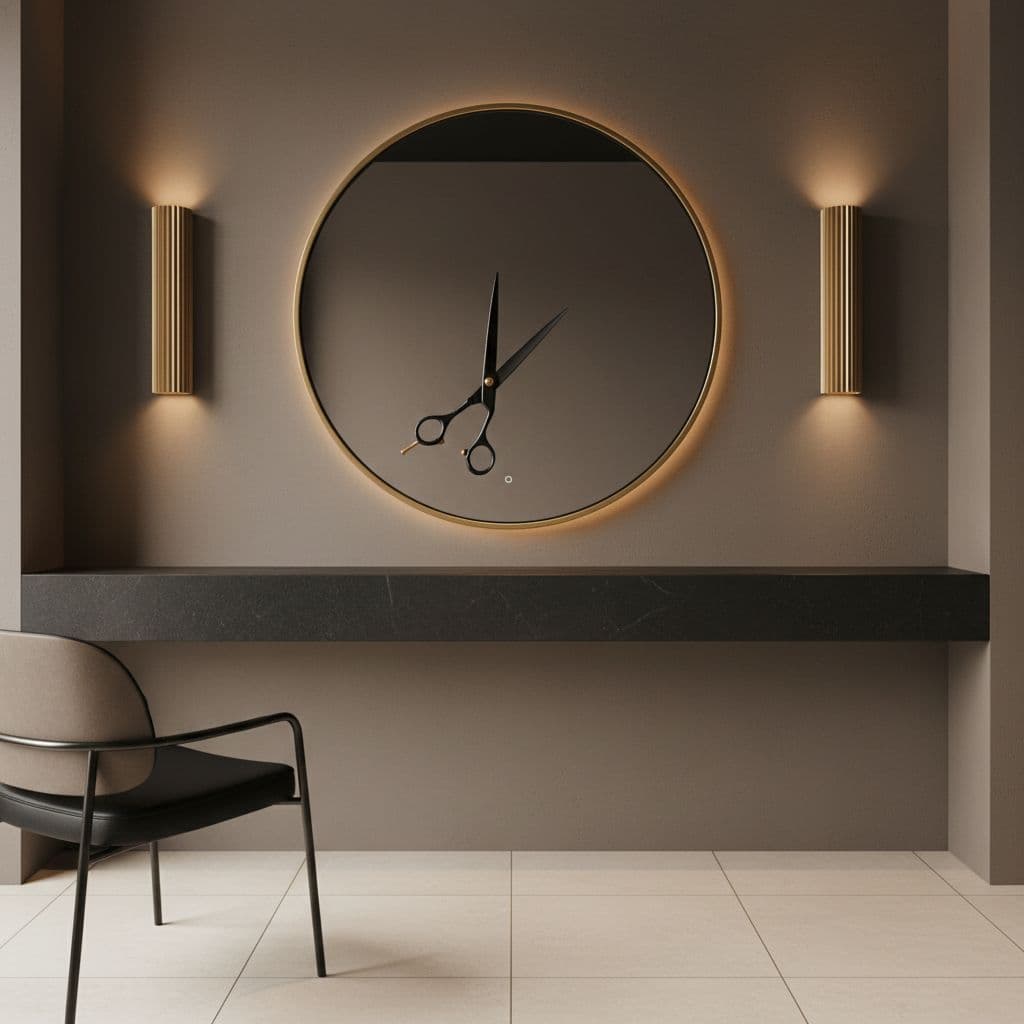 A professional hair styling station featuring a matte black mirror, brass accents, and shears on stone.