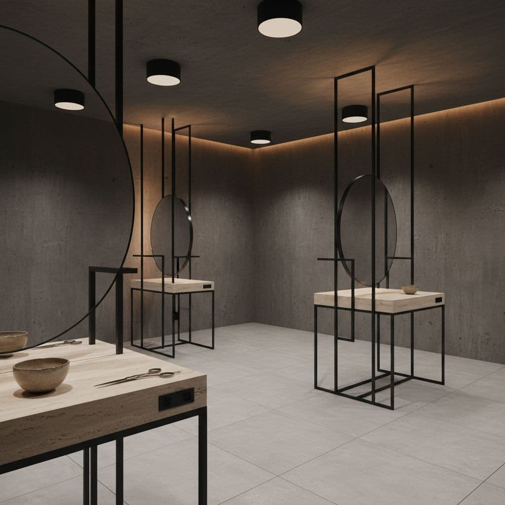 A sleek styling station features matte black metal fixtures against textured concrete walls. A lone pair of stainless steel shears rests inside a smooth ceramic bowl on the neutral stone countertop.