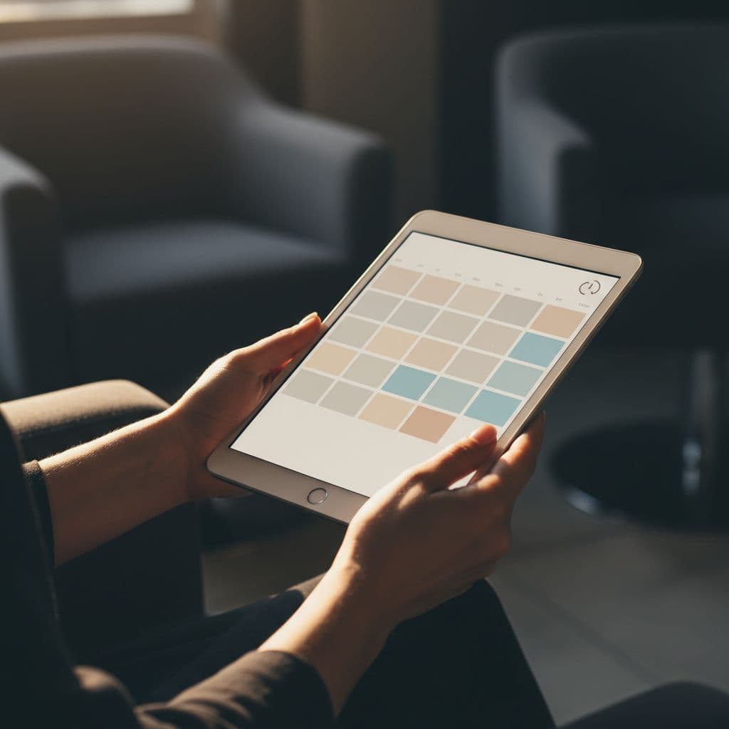 A person holds a tablet displaying a clean, simplified booking calendar inside a dimly lit salon.