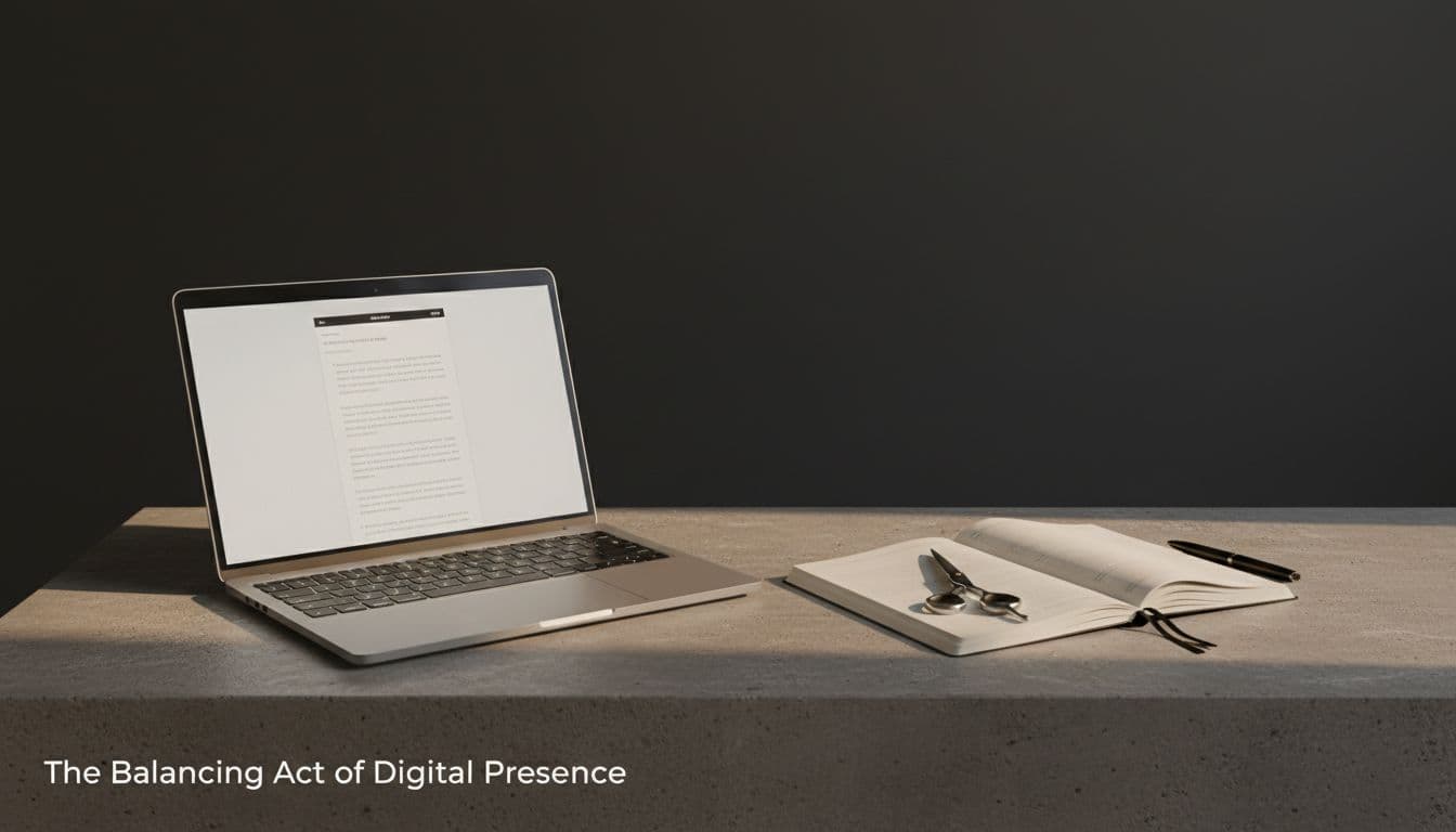 A sleek laptop, linen notebook, and hair shears sit on a minimalist concrete salon counter.