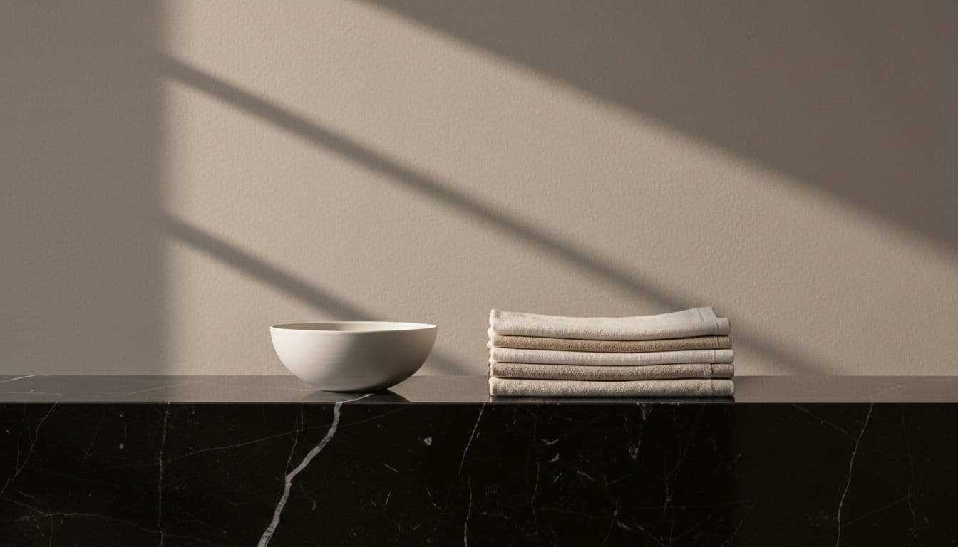 A polished dark marble surface features a simple ceramic bowl and folded neutral linens under warm lighting.