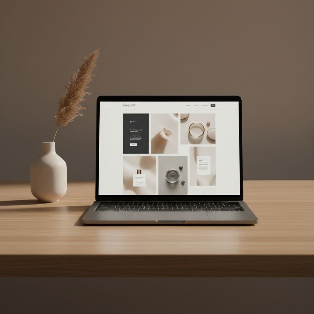 A sleek laptop displays a clean website interface on a minimalist wooden desk with a ceramic vase.