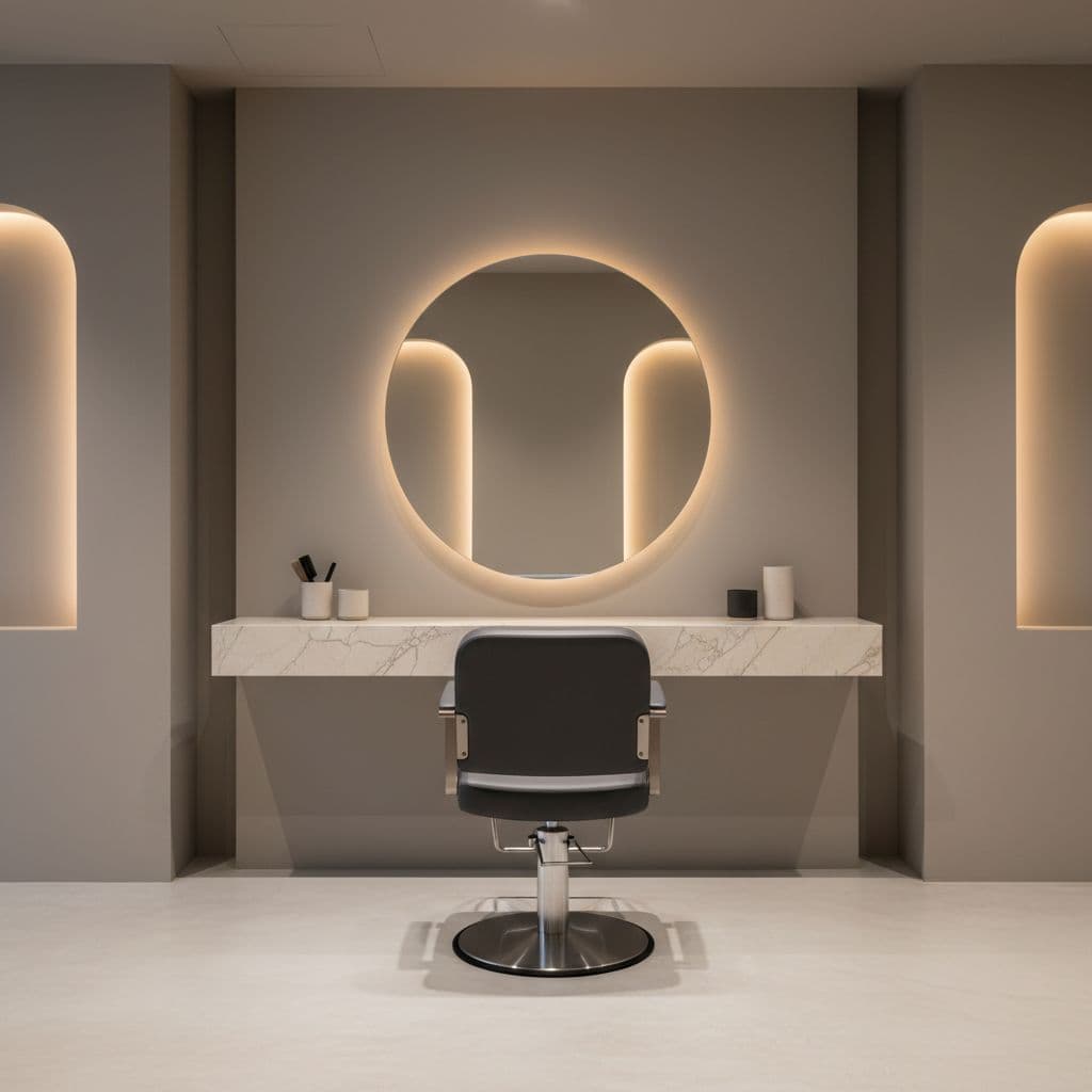 A single professional hair styling station featuring a marble counter and mirror in a neutral-toned room.