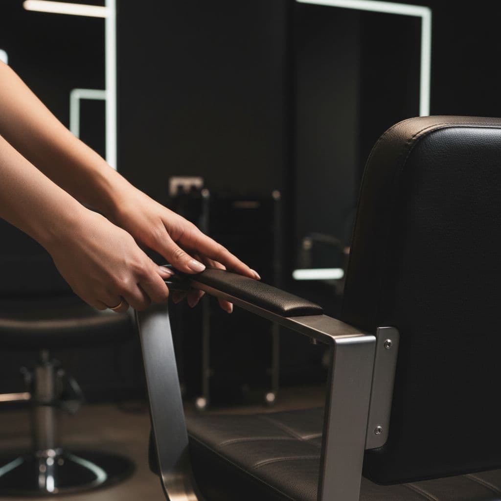 A close-up view shows a stylist's hands adjusting a professional chair in a minimalist dark salon.