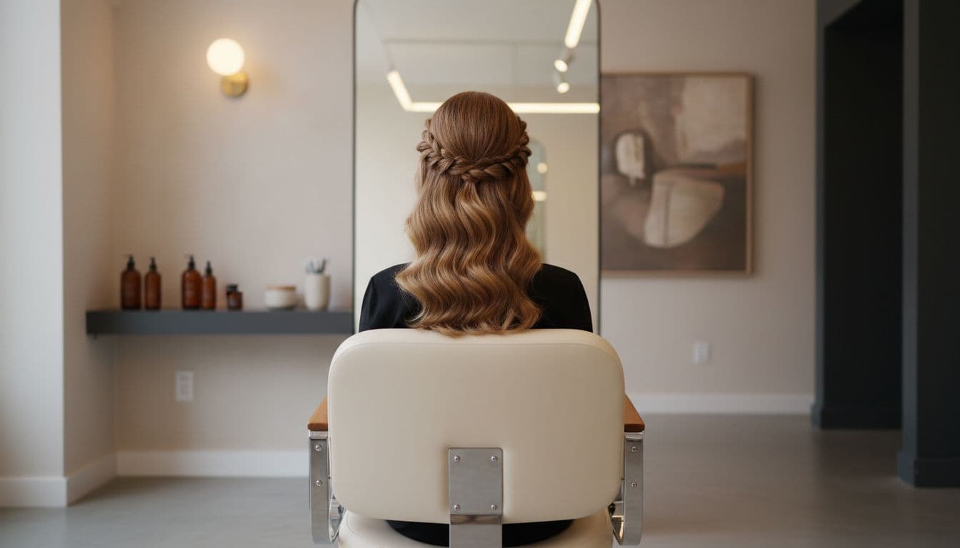 A woman with styled hair sits in a modern salon chair within a neutral-toned space.